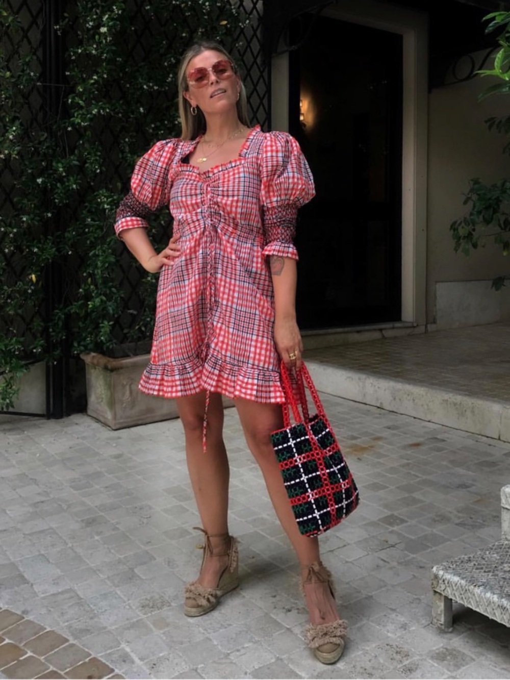 GANNI Red Plaid Gingham Puff Sleeve Ruched Mini Dress NEW EU 36